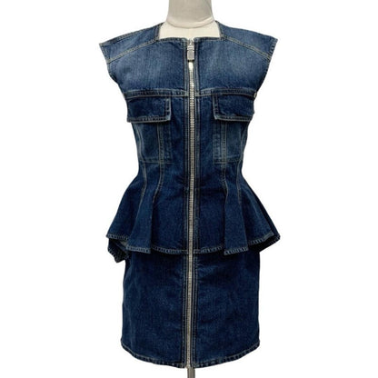 Authentic GIVENCHY Denim Short Midi Sleeveless Dress Frill Skirt 36 - The Reluxe