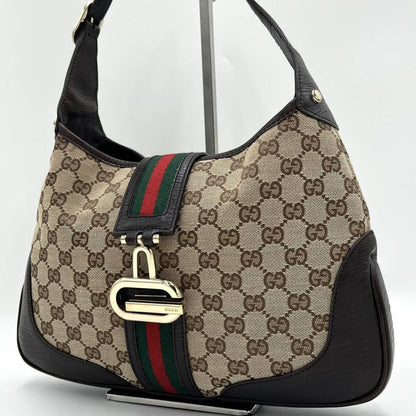 Authentic GUCCI GG Jackie Sherry Web Canvas Handbag Shoulder Bag Charm Ophidia - The Reluxe