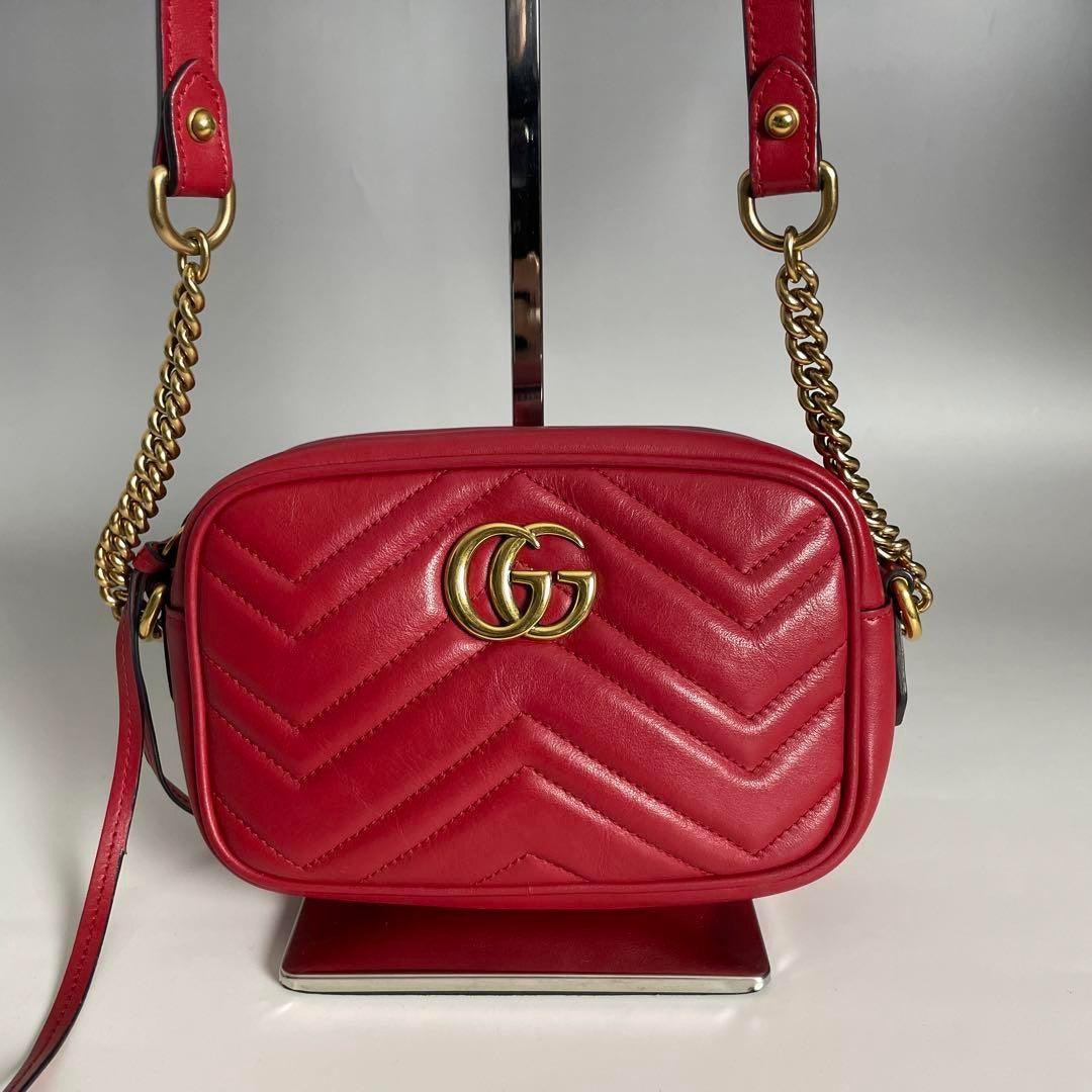 Authentic Gucci GG Small Marmont Matelasse Crossbody Bag Calfskin Chain Red Tote - The Reluxe