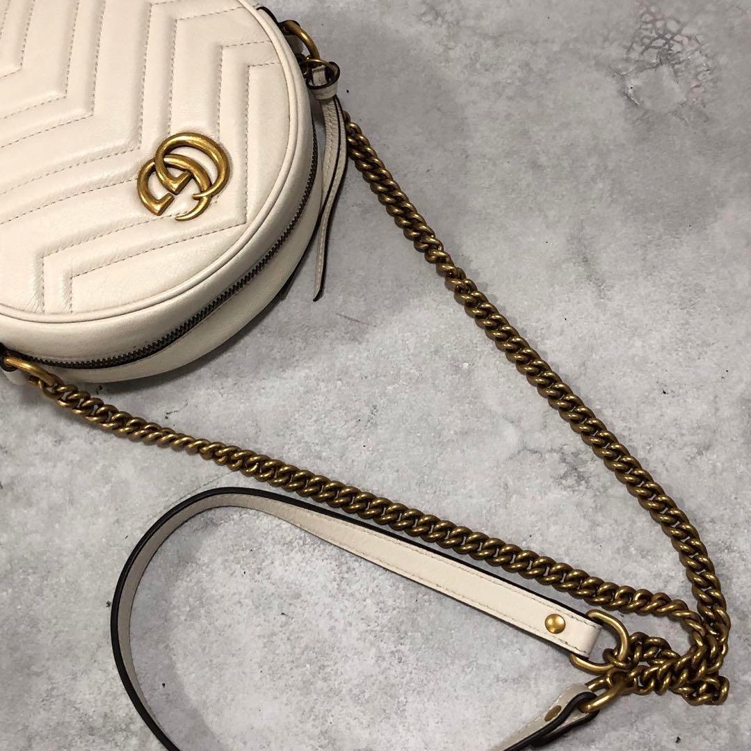 Authentic Gucci GG Small Marmont Matelasse Round Crossbody Bag Chain White - The Reluxe