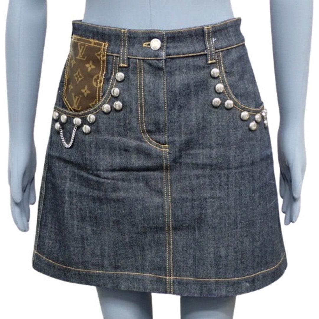 Authentic LOUIS VUITTON Denim Monogram Mini Skirt Chain Studded Blue Y2K 38 - The Reluxe