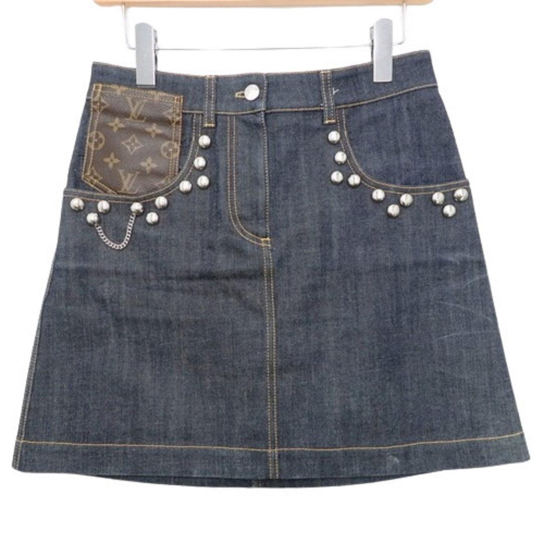 Authentic LOUIS VUITTON Denim Monogram Mini Skirt Chain Studded Blue Y2K 38 - The Reluxe