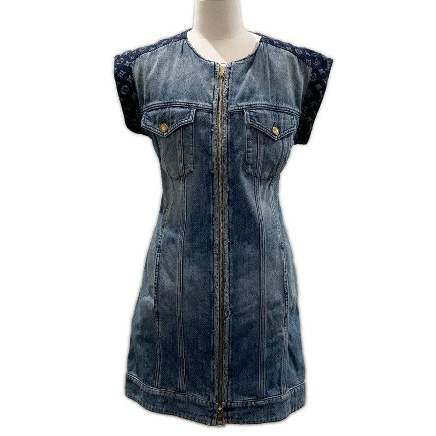 Authentic LOUIS VUITTON Denim Monogram Short Midi Dress Sleeveless Vintage Blue - The Reluxe