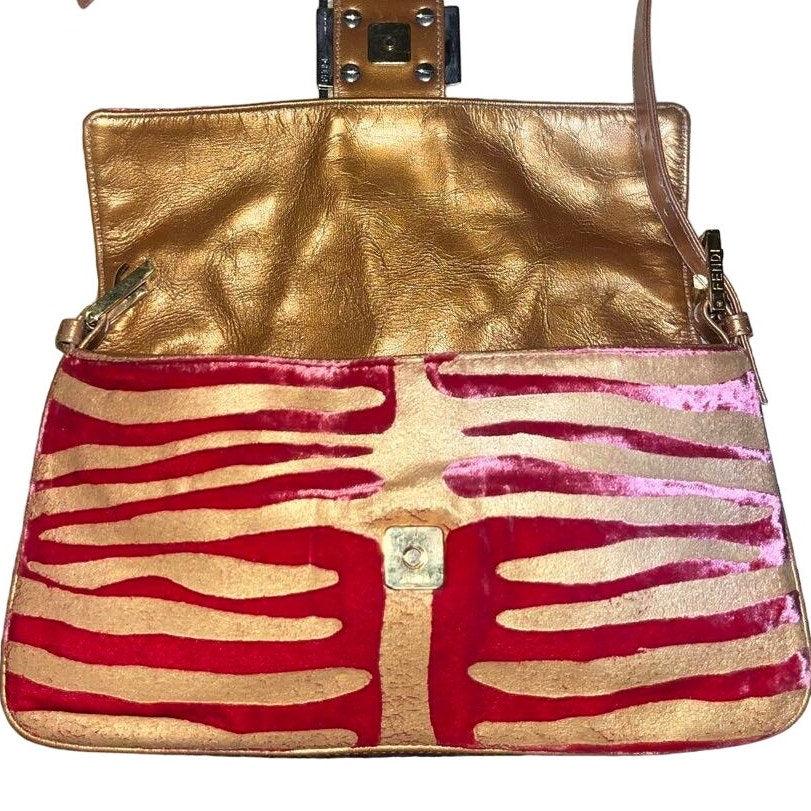 Authentic Pre - owned FENDI Mamma Baguette Zebra Velvet Pink Orange Shoulder Bag Flap Purse - The Reluxe