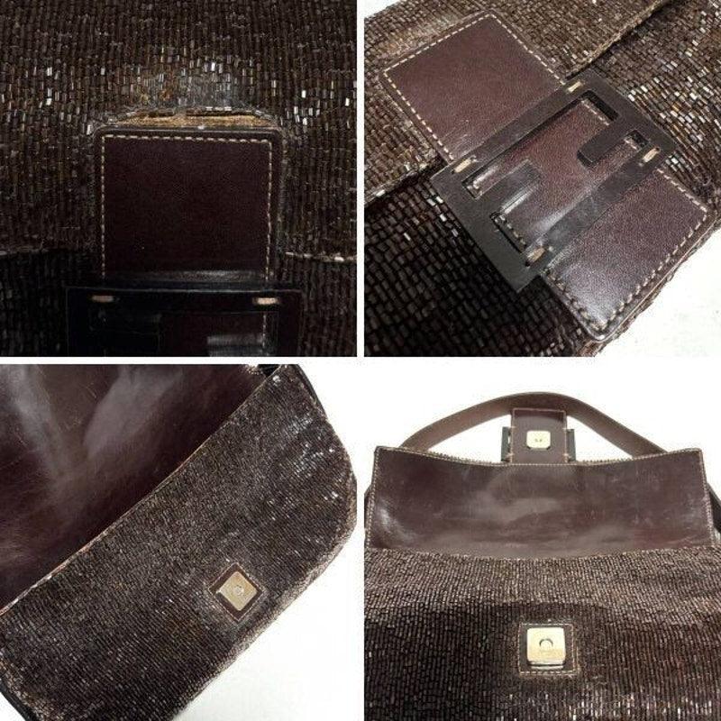 Authentic Pre - owned FENDI Mamma Bucket Baguette Brown Beaded Sequin Shine Flap Bag Purse - The Reluxe