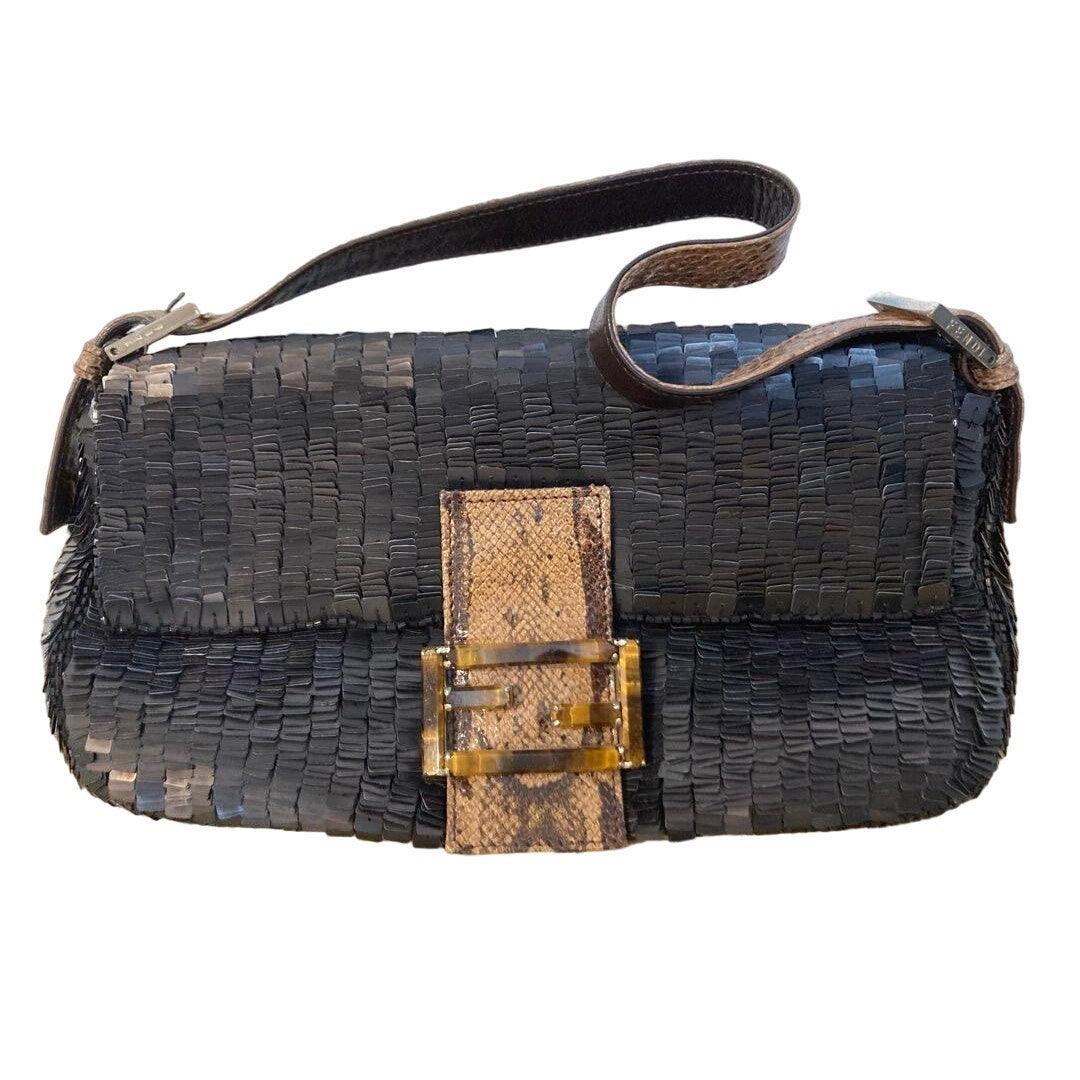 Authentic Pre - owned FENDI Sequin Paillettes Snakeskin Medium Baguette Shoulder Bag Black - The Reluxe