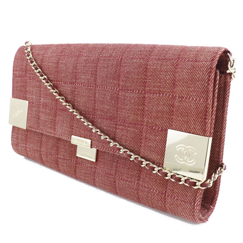 Chanel Chain Shoulder Chocobar Line Cotton Canvas Red Ladies Shoulder Bag