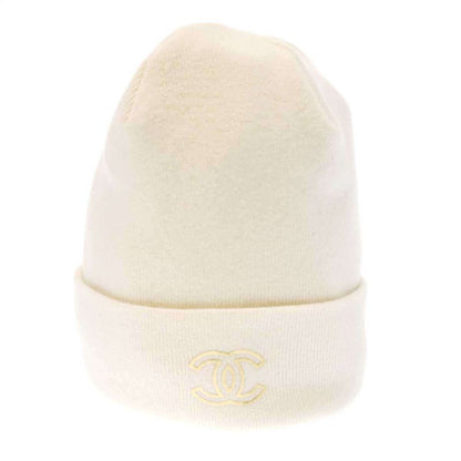 Chanel Coco Mark Cashmere Beanie Knit Cap White