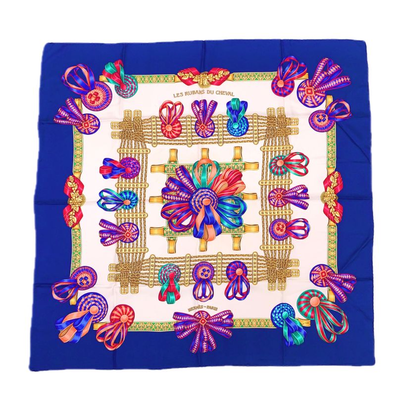 Hermes Carre 90 Lesrubansducheval Horse Ribbon Scarf Blue And Multicolor 100%