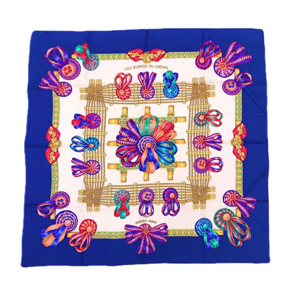 Hermes Carre 90 Lesrubansducheval Horse Ribbon Scarf Blue And Multicolor 100%
