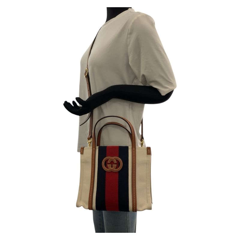 Gucci Interlocking White Brown Gold Hardware Canvas Shoulder Bag Tote Bag 2way