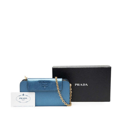 Prada Logo Chain Wallet Shoulder Bag 1dh048 Blue Saffiano Leather Women Prada