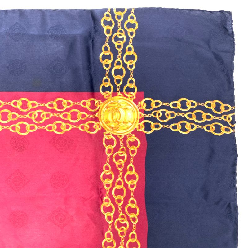 Chanel Silk Scarf Large Size Coco Mark Chain Pattern Burgundy And Navy