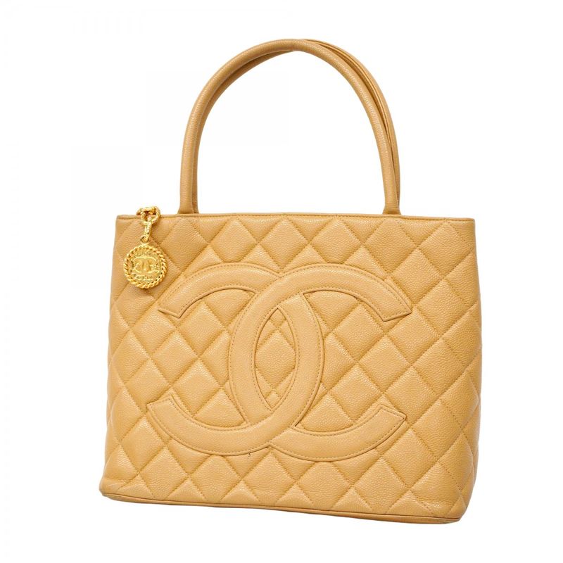 Chanel Tote Bag Revival Tote Caviar Skin Beige Gold Hardware Women's