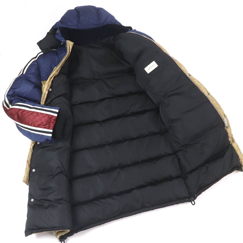 Gucci 590744 GG Logo Sideline Hooded Down Coat Bench Coat Bordeaux Blue Gold 50