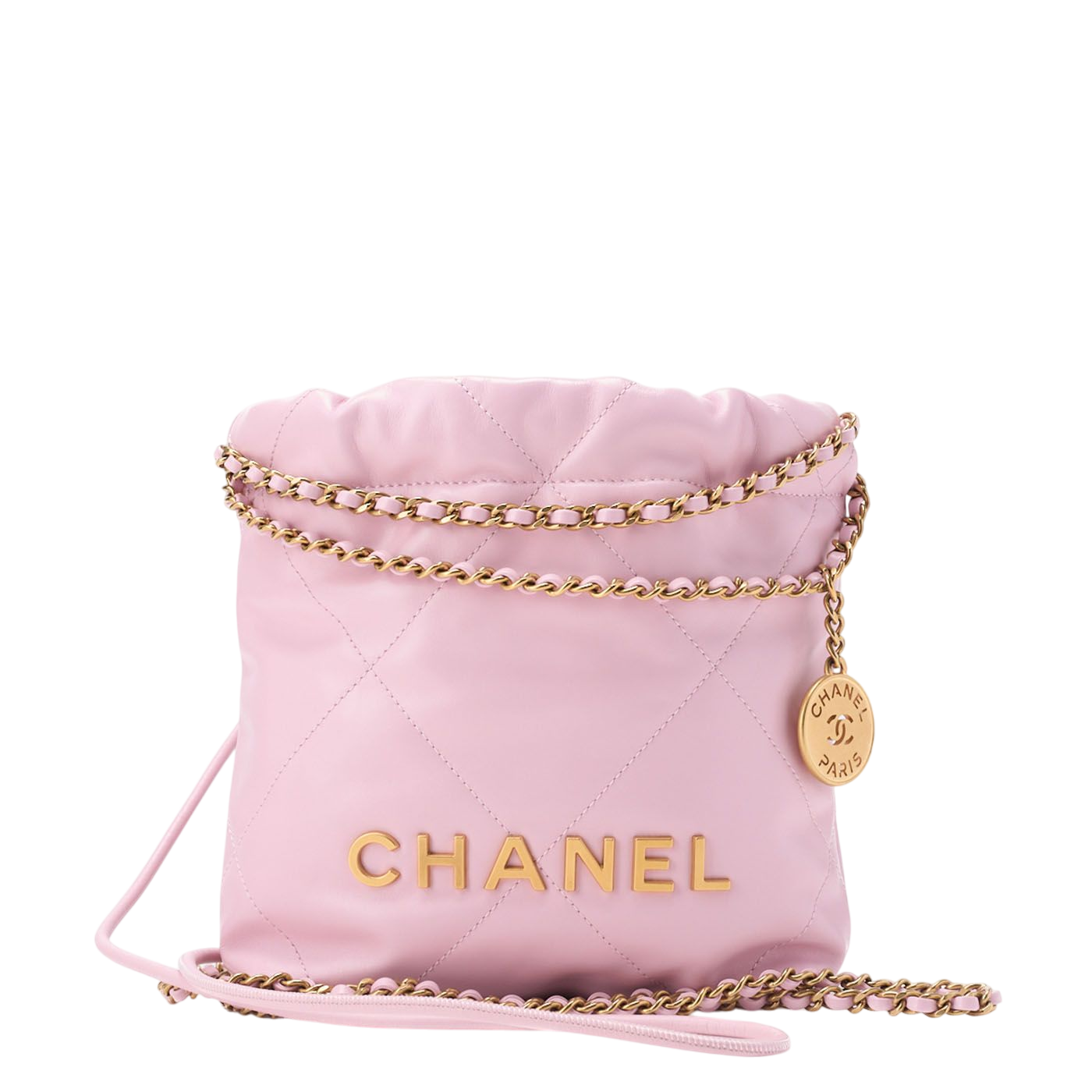 Chanel 22 Mini Calfskin Pink Drawstring Chain Shoulder Bag With Gold Hardware