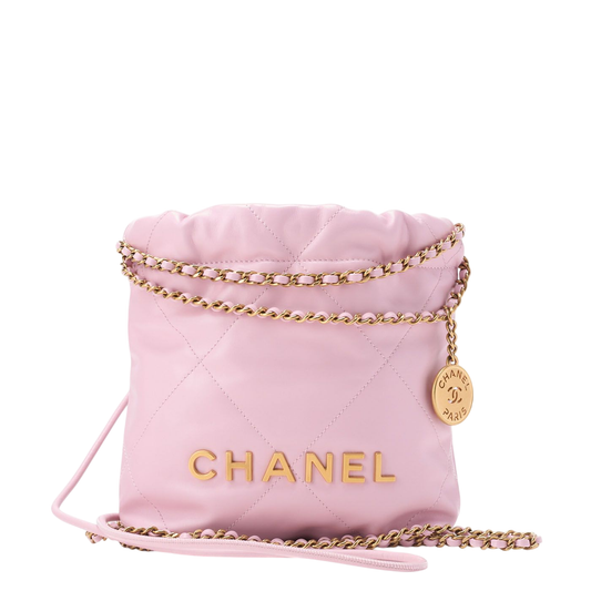 Chanel 22 Mini Calfskin Pink Drawstring Chain Shoulder Bag With Gold Hardware