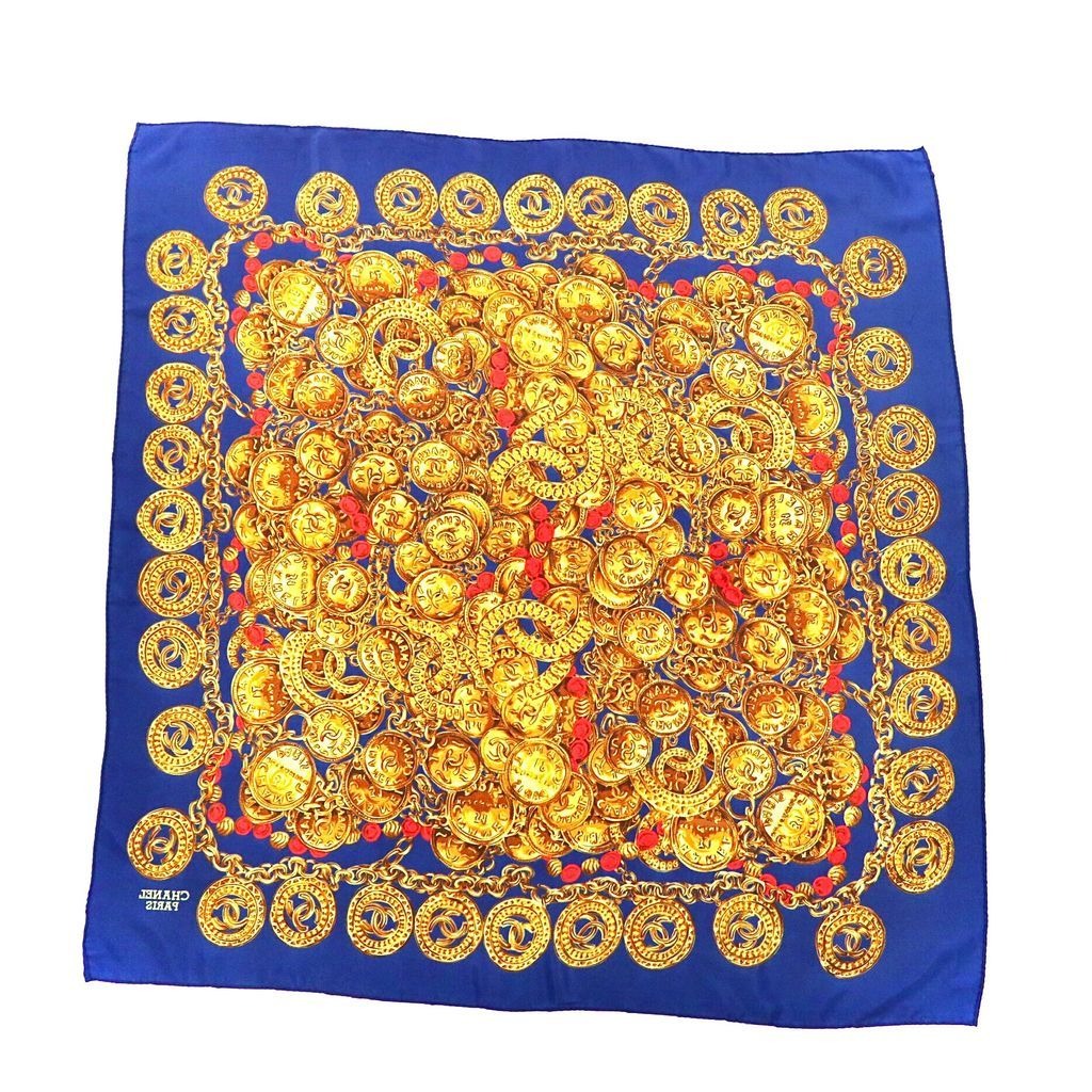 Chanel Scarf Navy Blue and Gold Silk All-Over Print Coco Mark Chain Jewelry