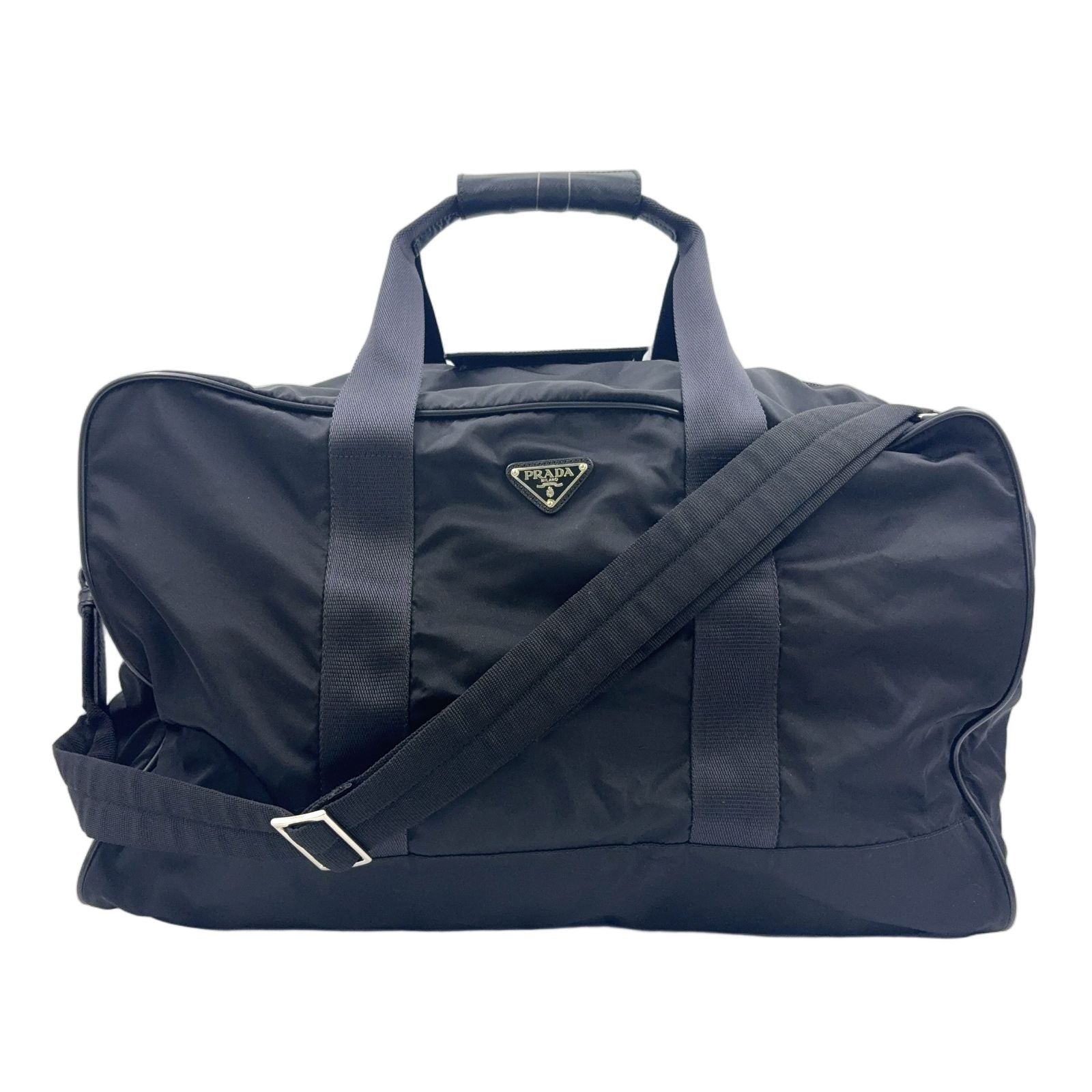 Prada 2-Way Shoulder Leather Nylon Black Boston Bag Silver