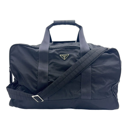 Prada 2-Way Shoulder Leather Nylon Black Boston Bag Silver