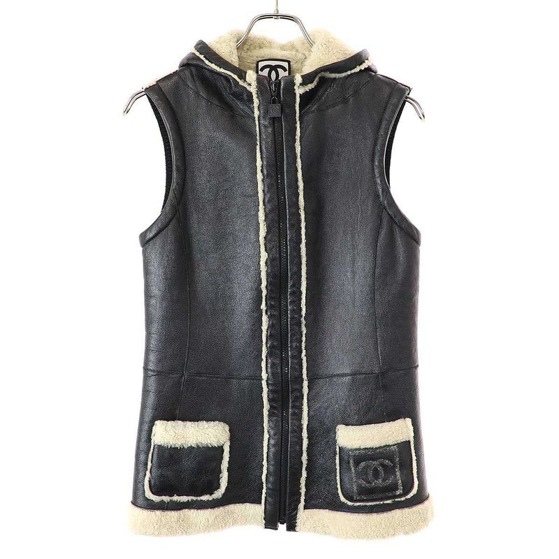 Chanel 2008aw Sport Line Sher Ring Mouton Hooded Vest P33735w04172 Black 38