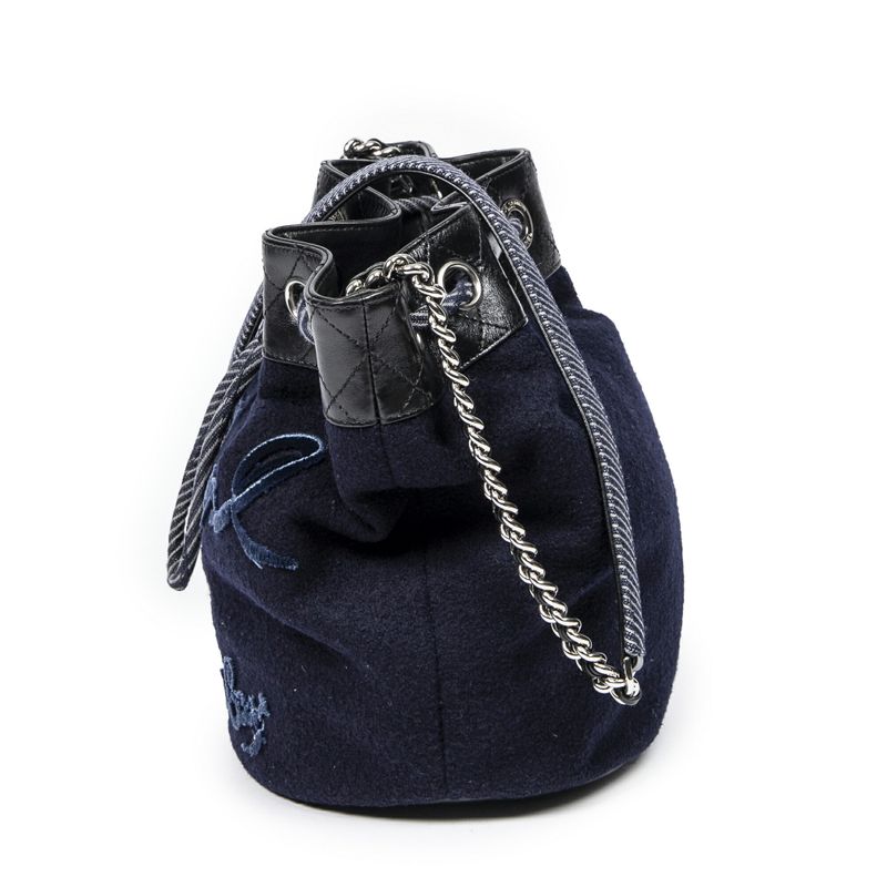 Chanel Embroidered Wool Bucket Chain Bag Navy Black Matelasse Lambskin Leather A