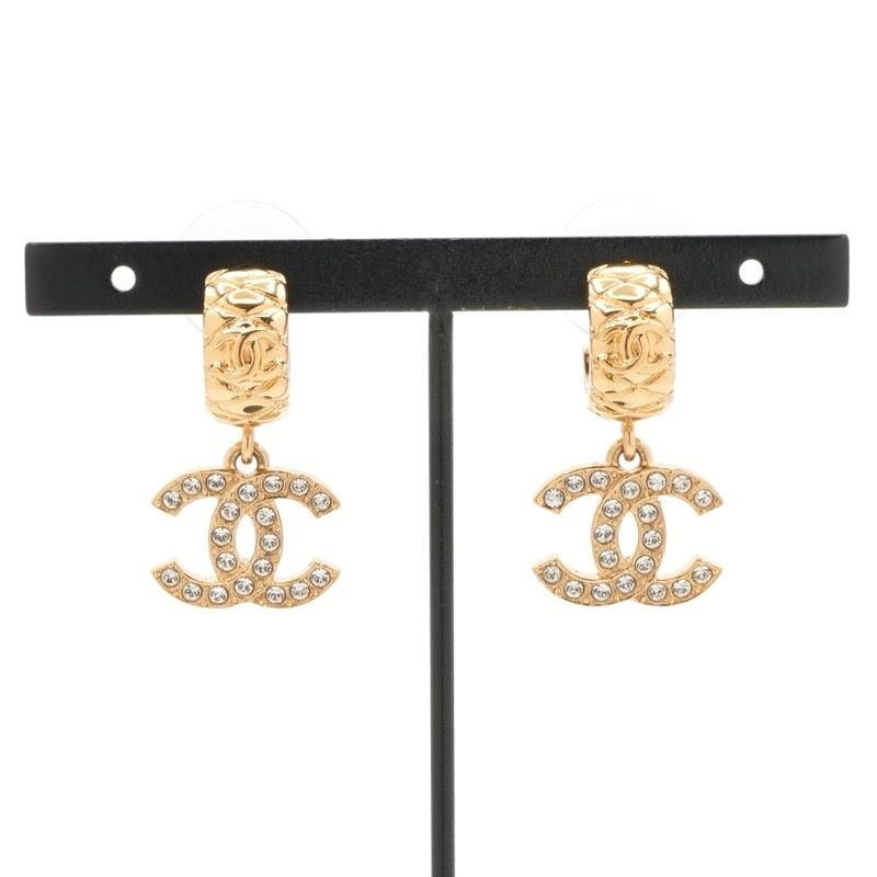 Chanel Earrings Earring Gold Coco Mark Rhinestone Half Hoop