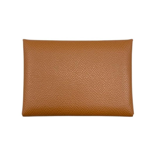 Hermes Card Case Coin Case Calvi Duo Engraved B Gold Brown Silver Hardware