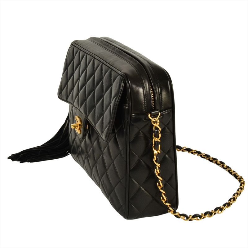 Chanel Matelasse Coco Mark Shoulder Bag Lambskin Black Gold Hardware Fringe