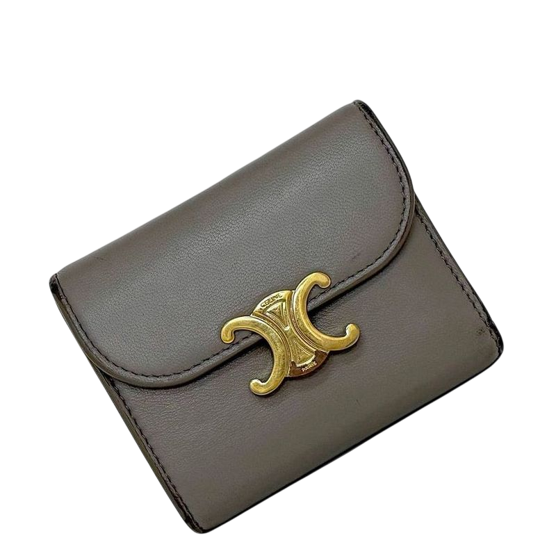 Celine Trifold Wallet Beige Triomphe Logo Leather Preowned