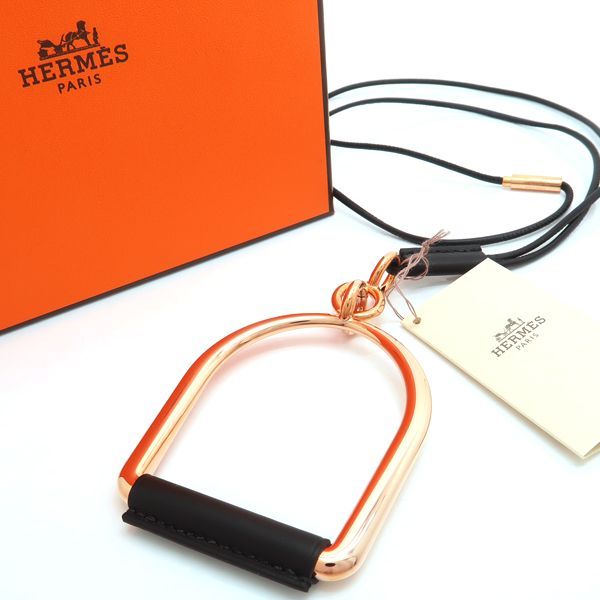Hermes Equestre GM Necklace PG Pink Gold X Black Leather Same As Unused Box