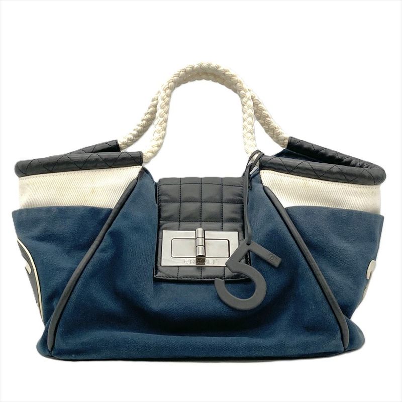 Chanel NO5 Coco Mark Choco Bar Handbag Canvas A28010 Navy Rope Handle Ladies