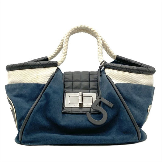 Chanel NO5 Coco Mark Choco Bar Handbag Canvas A28010 Navy Rope Handle Ladies