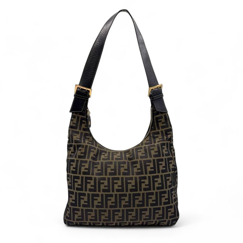 Fendi Zucca Leather And Canvas Brown And Black Shoulder Bag Gold