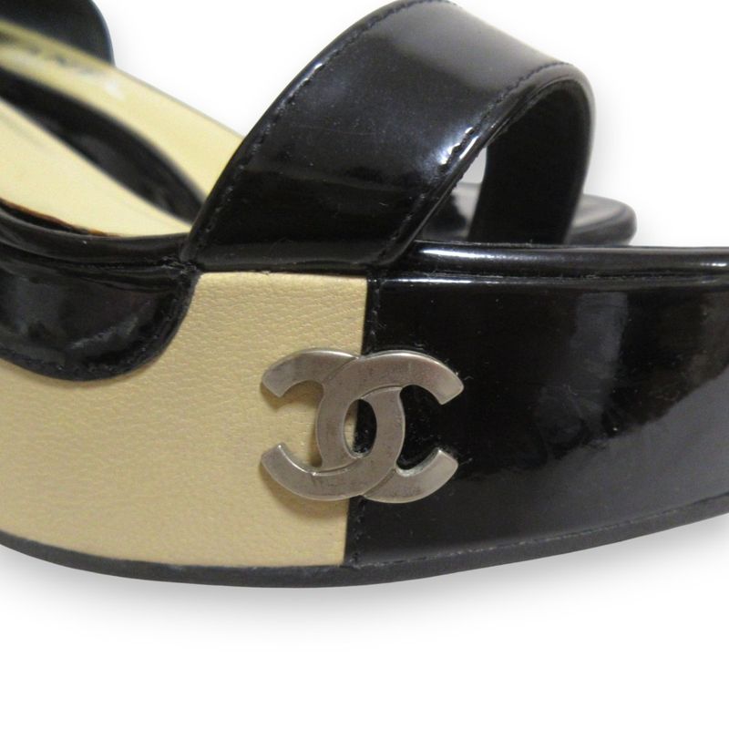 Chanel Patent Leather Platform Ribbon Ankle Strap Heeled Sandals 37.5 Approx