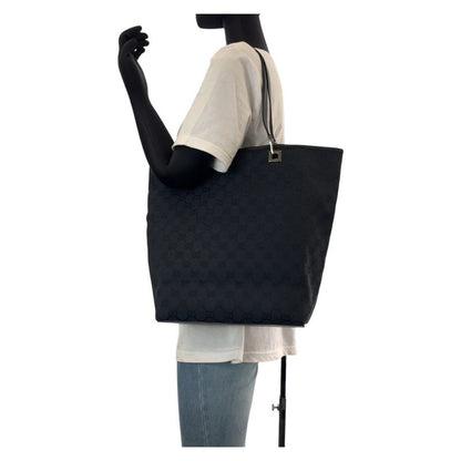 Gucci Black Silver Hardware GG Canvas/leather 31243 Tote Bag Shoulder Bag Women