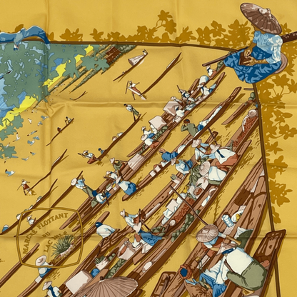 Hermes Scarf Carre 90 Orange Beige Lake Floating Market 100% Silk Marche