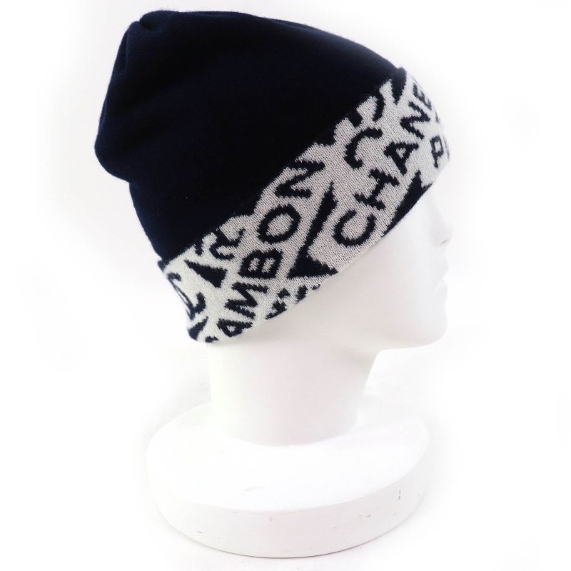 CHANEL Cashmere Cotton Coco-mark Logo Knit Hat Knit Cap Navy White Made In