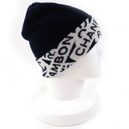 CHANEL Cashmere Cotton Coco-mark Logo Knit Hat Knit Cap Navy White Made In