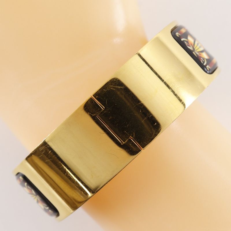 Hermes Roque Emile Cloisonne Horse Pattern Bangle Gold Plated Black Ladies