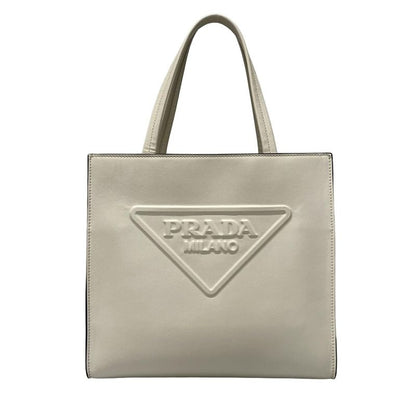 Prada Tote Bag - 1bg382 White Embossed Triangle Logo Leather