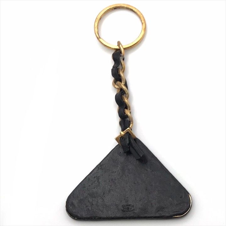 Chanel Logo Triangle Plate Leather Chain Key Ring Key Holder Gold Black