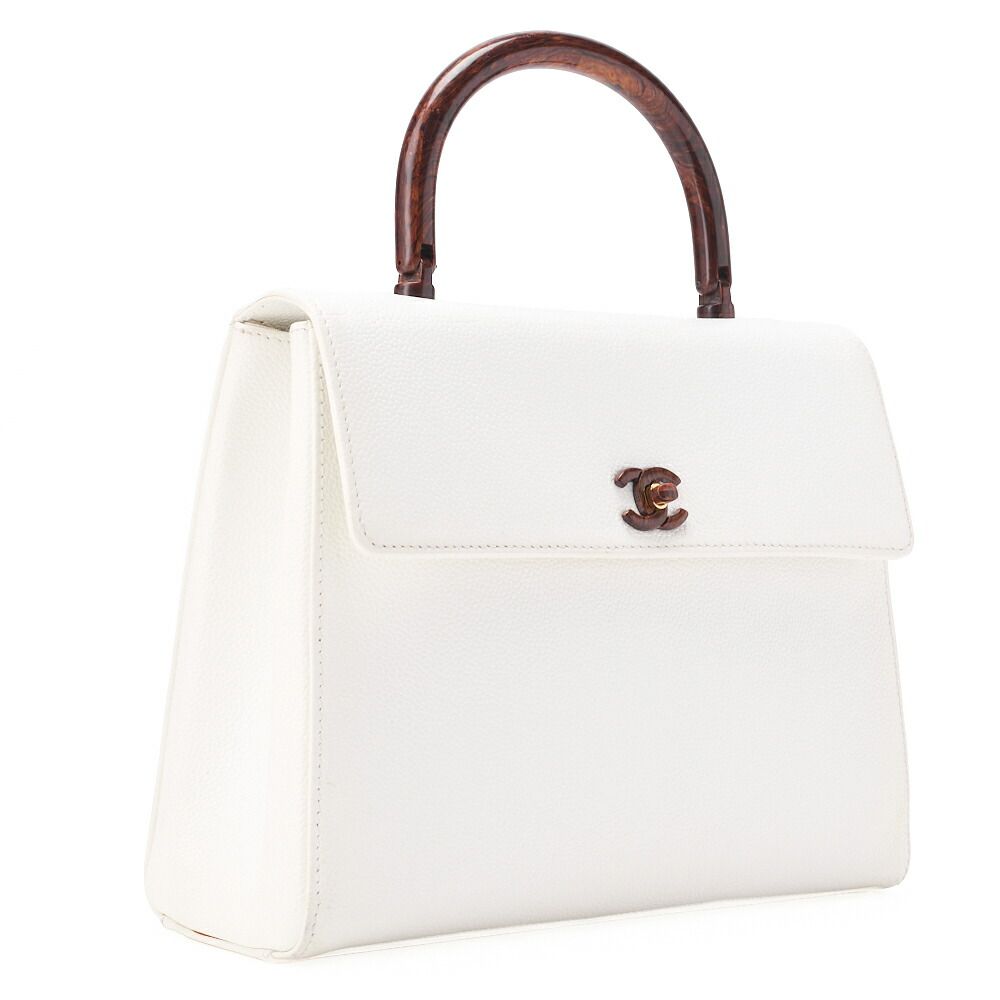 Chanel Handbag Turnlock Kelly Shape Wood Pattern Caviar Skin White With Gold