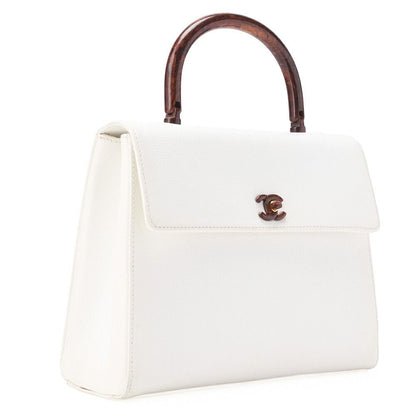 Chanel Handbag Turnlock Kelly Shape Wood Pattern Caviar Skin White With Gold