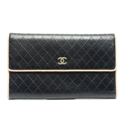 Chanel Trifold Long Wallet Bicolore Black Leather Women's Wallet