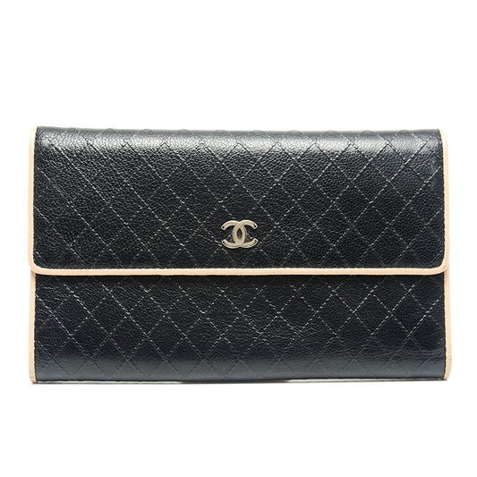 Chanel Trifold Long Wallet Bicolore Black Leather Women's Wallet
