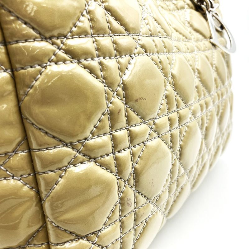 DIOR Tote Shoulder Bag Beige Patent Leather Canage Stitching Women Fashion