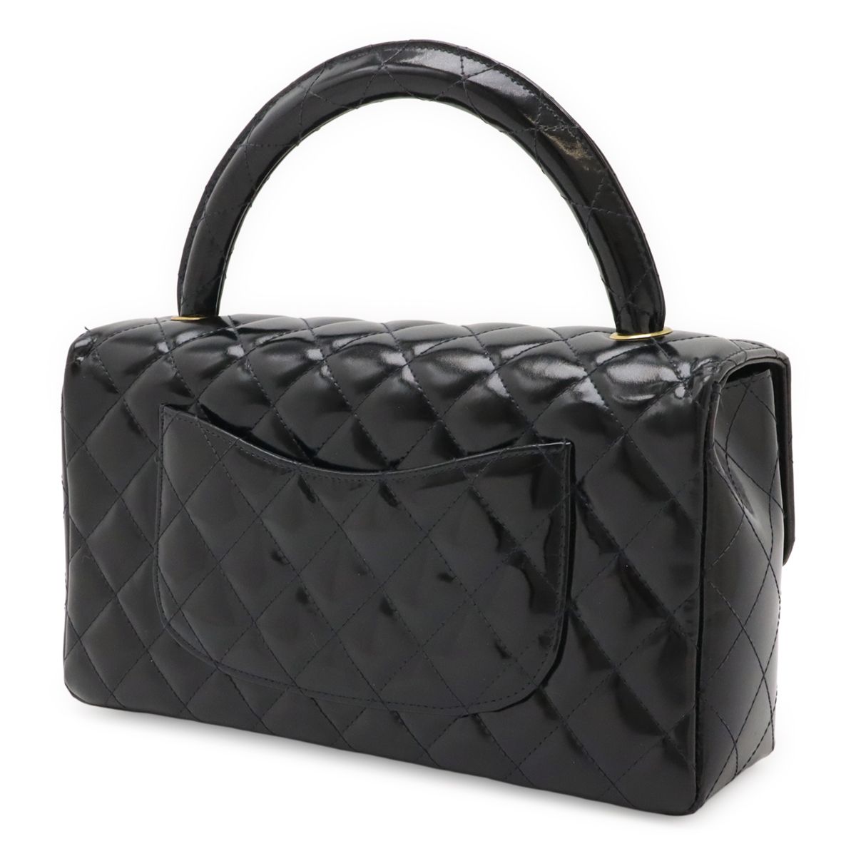 Chanel Matelasse Handbag Top Handle Flap Bag Patent Leather Black Black