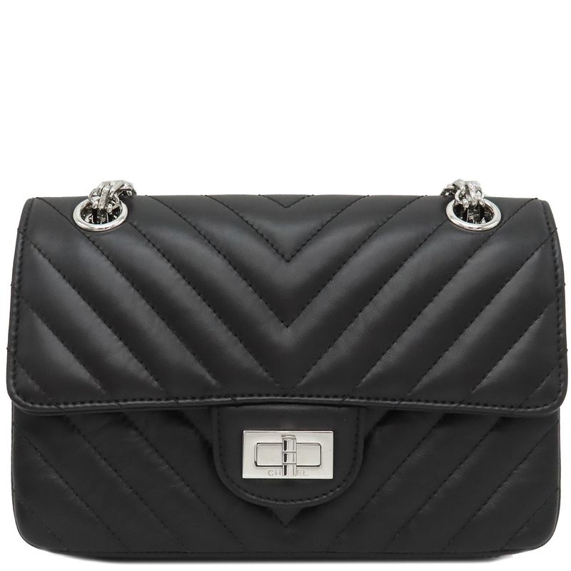 Chanel Shoulder Bag Chevron 2.55 20 Leather Black Silver Hardware Black W Chain