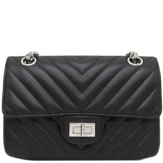 Chanel Shoulder Bag Chevron 2.55 20 Leather Black Silver Hardware Black W Chain